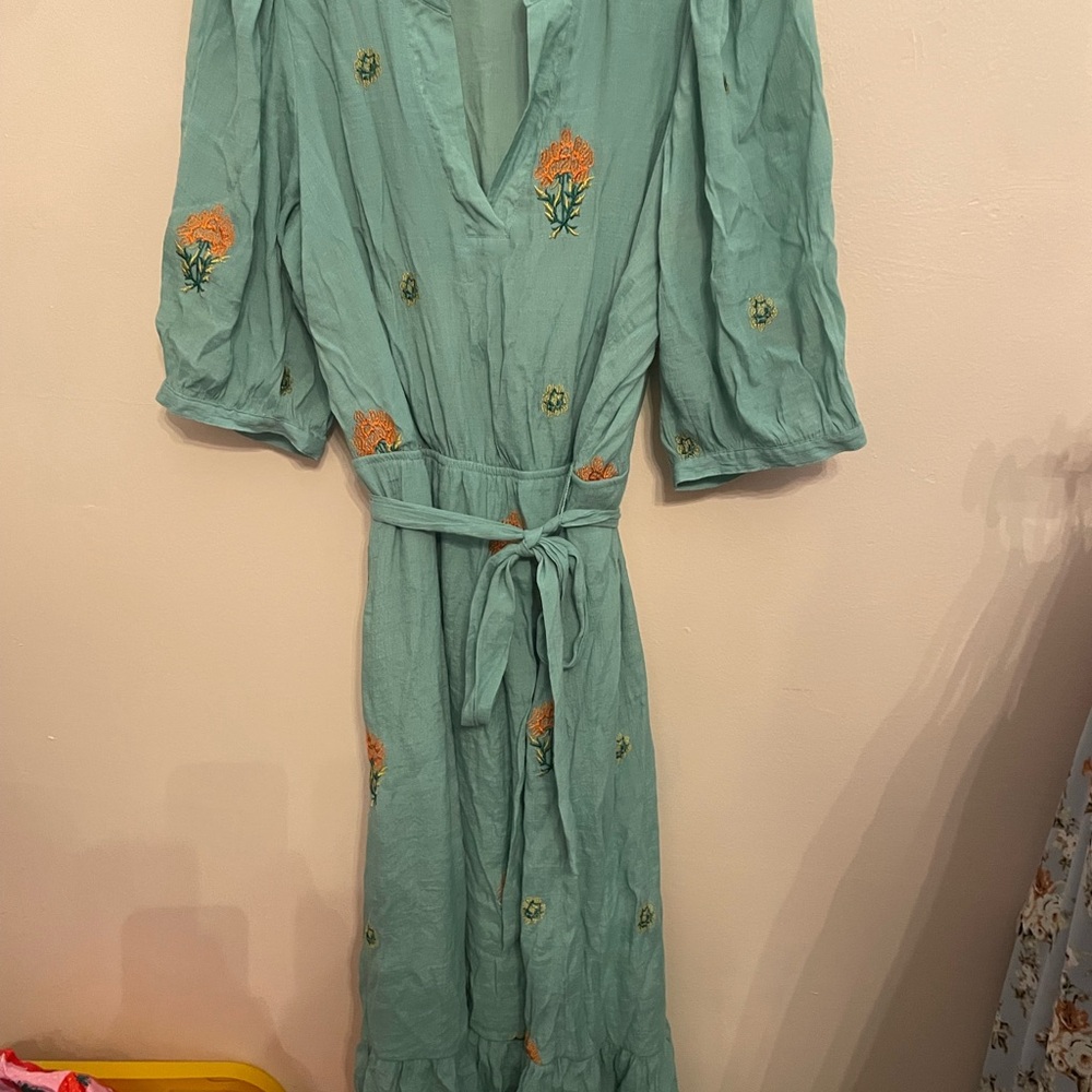 Chic Teal Floral Embroidered Long Sleeve Dress